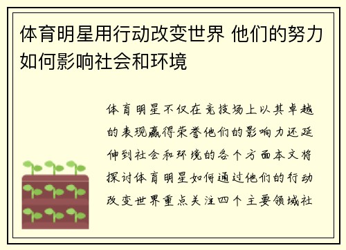 体育明星用行动改变世界 他们的努力如何影响社会和环境